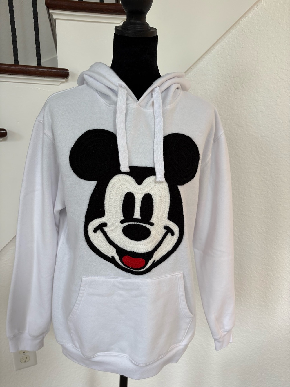 White Hoodie with Large Cartoon Face embroidered Mickey- Red Accent